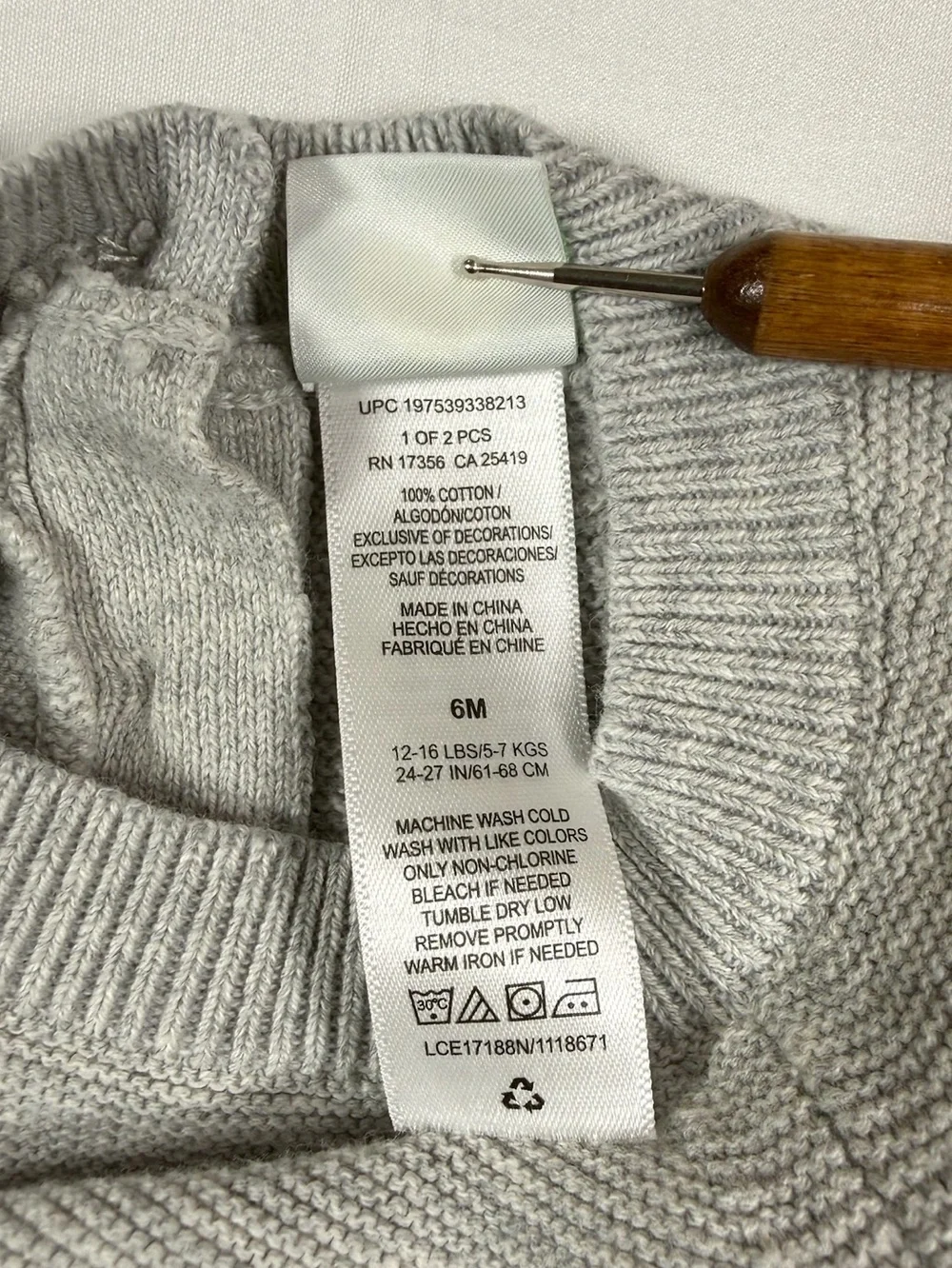 LITTLE ME Hockey Bear Knit Sweater 6M Gray Cotton Baby Pullover Winter Bear